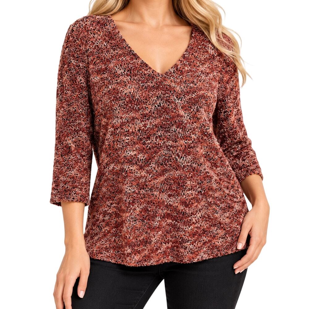 JM Collection Sz XL Knit 3/4 Sleeve Reddish Brown Blouse Shirt Top Fall Winter